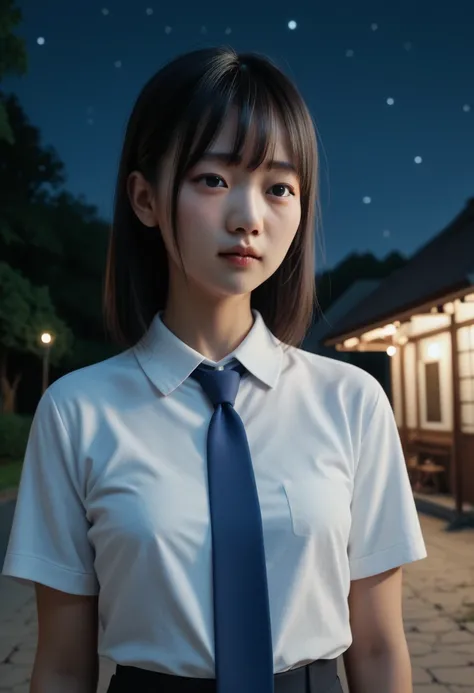 best quality,4k,8k,highres,masterpiece,Asian,black hair,bangs,small breasts,white shirt,blue necktie,outdoor,night,upper body