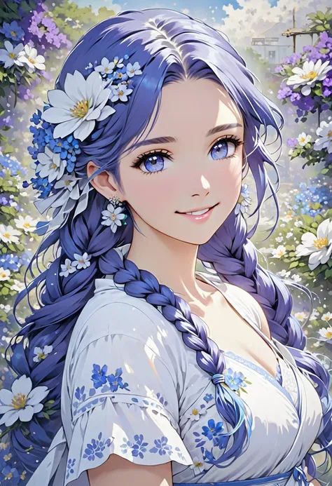 an anime style portrait of a woman draped in white with blue or purple hair, 1girl, hair flower, flower, solo, hair ornament, dress, white flower, long hair, braid, twin braids, smile, blue hair, white dress, jewelry, breasts, looking at viewer, earrings, ...