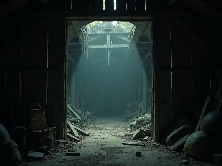   inside of a dark old abandon barn viewed from the door 