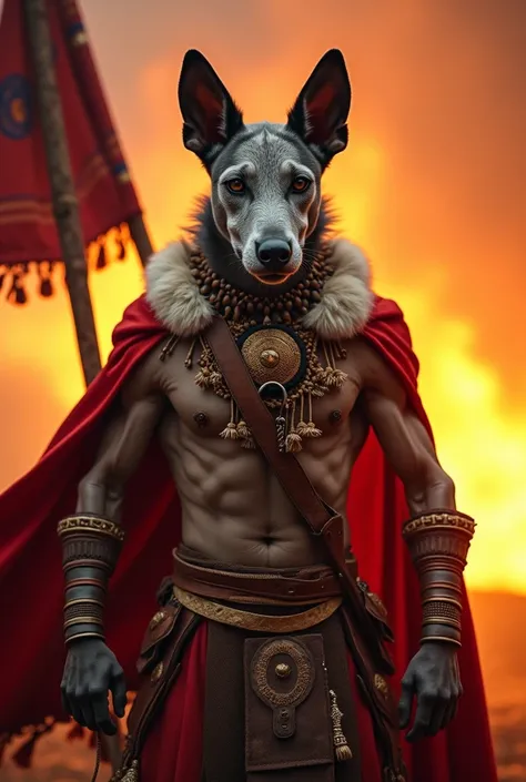 video; 10 seconds format 16 :9 vertical ;  Peruvian hairless calato dog breed Viringo or Chimu; humanized whole body (  dog head human body  );  dressed as an Inca general of the empire;  extremely muscular and ferocious ;  with a war-like fire background ...