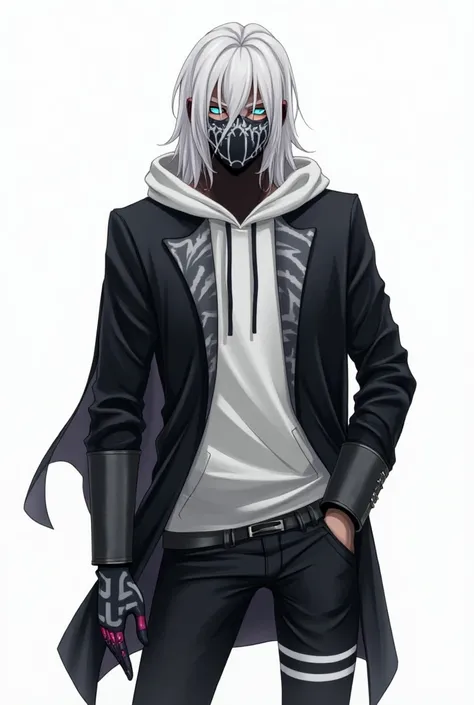 ( description )
Guy  
Has a bad character and is very covetous
Has long white hair and blue eyes
He is unemotional 
- (clothing )
 He is dressed in a white hoodie and a black cape
Black pants and mask with white patterns
Black leather gloves with red patte...