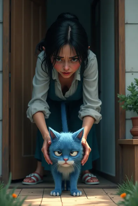 The woman threw the blue cat out of the house 
And the blue cat eye was filled with tears 