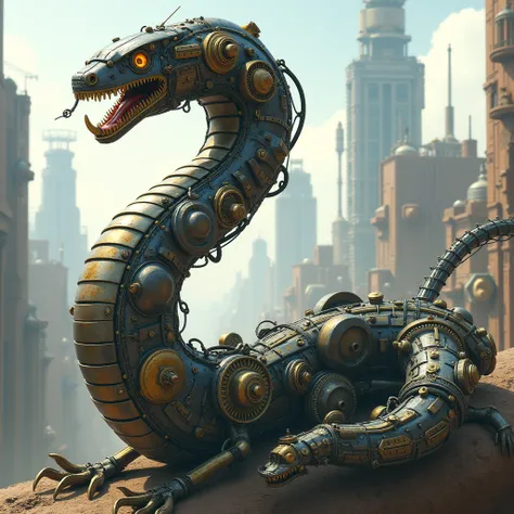 A robotic snake consisting of parts, with mechanisms and gears, in steampunk style. Against the background, the cities of the future, with robots and ancient mechanisms. In the ART style.