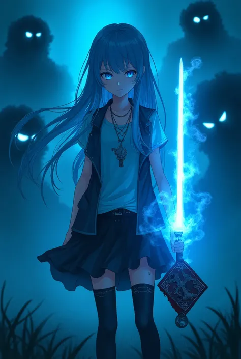 a teenager with blue long hair wearing a grunge outfit and beside her is a floating magical blue sword and she is looking straight to the camera, the magical sword is glowing and her eyes too , her eyes is blue, shes in a field with monsters that looks lik...