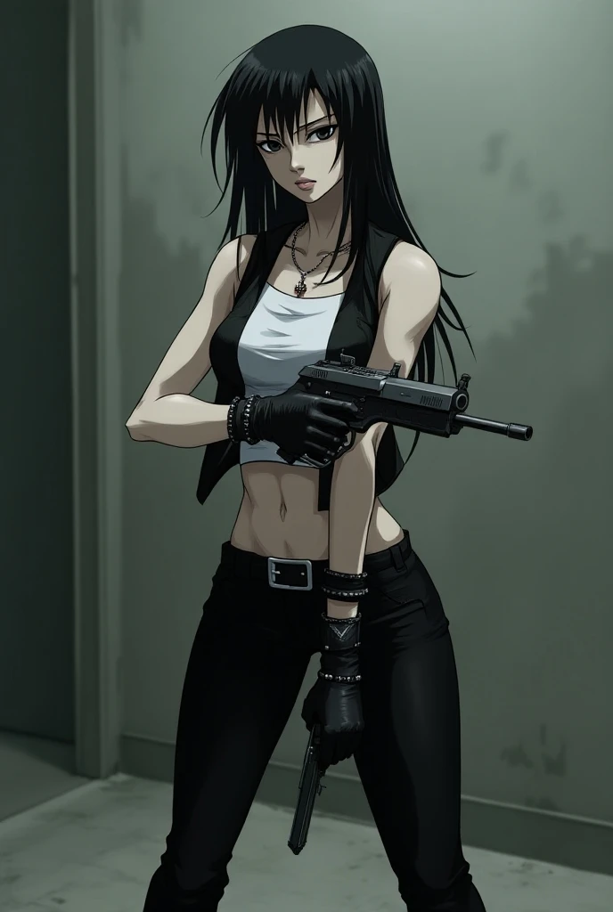 black long pants adjusted, white sleeveless shirt, very long hair, 1girl, black gloves, high quality, white skin, black eyes, holding a gun, bangs, full body, short sleeveless vest, black calf-high boots, bracelets on both arms, cross necklace, roberta Cis...