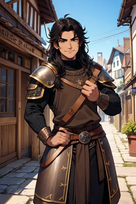 Perfect face. Perfect hands. A black haired male Viking with brown eyes in a Viking armor is smiling in a Viking town