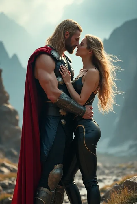 Realistic photo of both Thor and Lady Thor romancing 