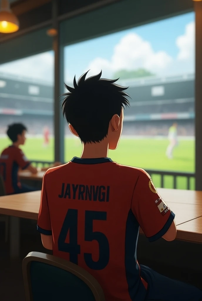 A boy of 21 year old watching cricket match name jayden jersey number 45 wearing sitting on table