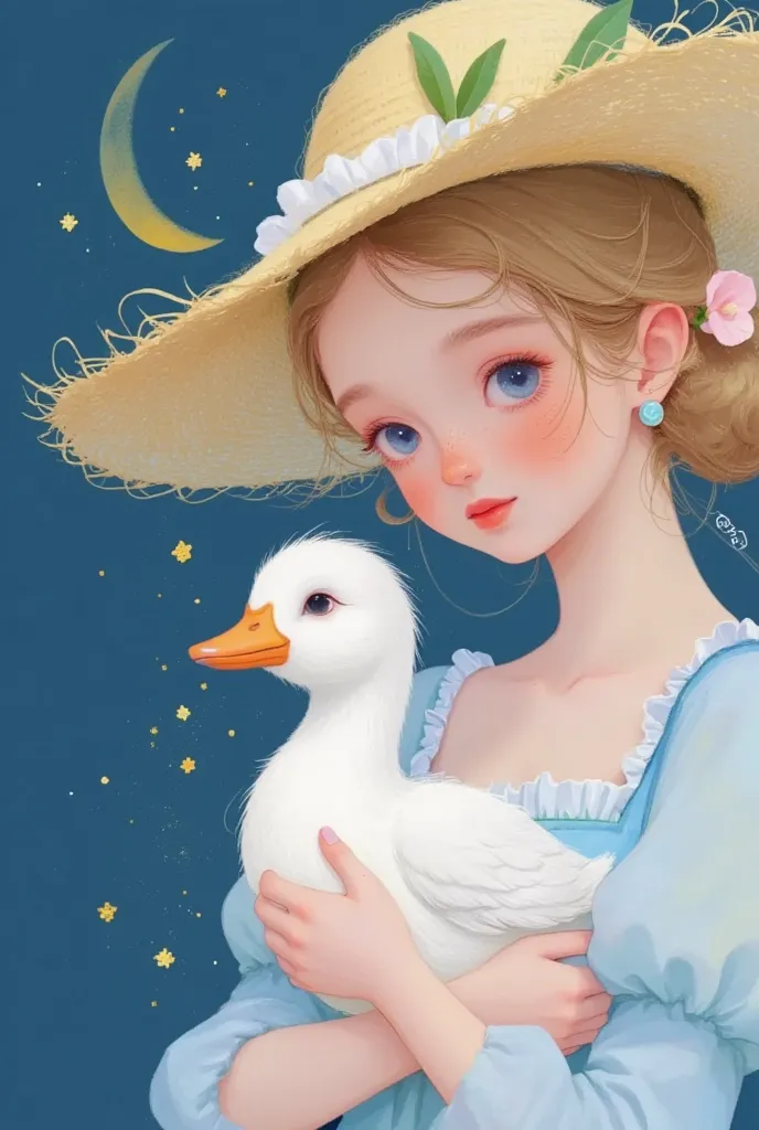 closeup of a girl in a hat holding a duck, star，moon， exquisite digital art, 可爱的数字艺术, lovely art style,  cute digital painting ,...