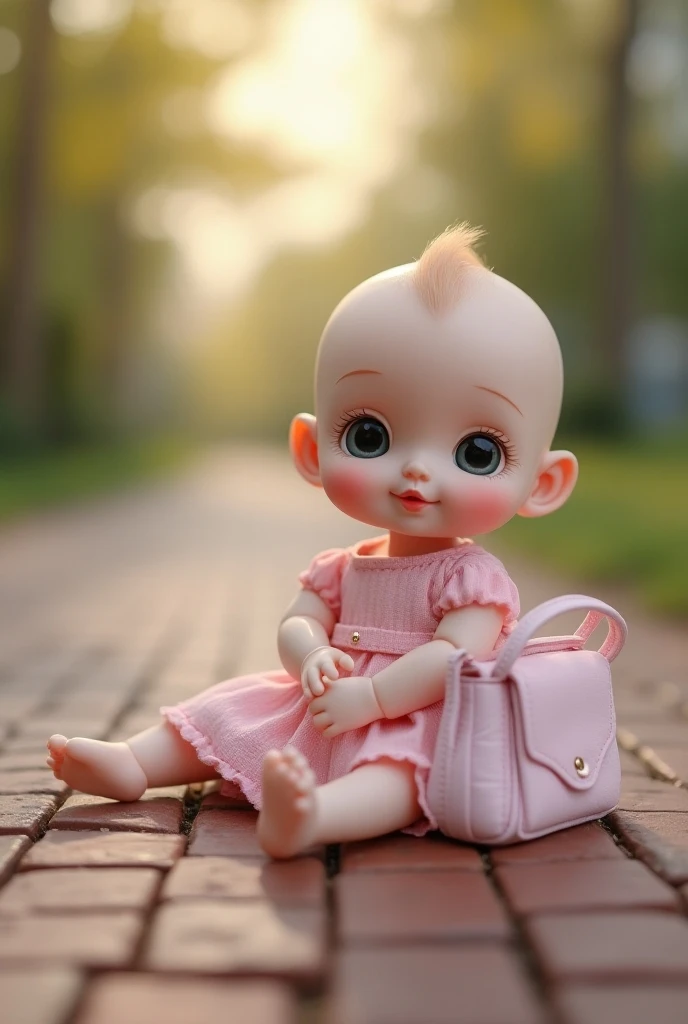 a close up of a baby doll with a purse on a brick walkway, very cute features, cute features, cute pocelain doll, cute beautiful, very cute and like, cute , cute adorable, young and cute girl, tiktok video, cute and lovely, cute cartoon, lovely and cute, c...