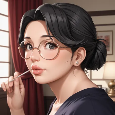 (1girl:1.3), Masterpiece, Best quality, amazing beauty, 4K, absurdres, finely detail, super detailed eye, perfect anatomy, official art, cinematic lighting, BREAK, room, hair bun, (black hair:1.5), super shiny detailed black eye, (((tareme))), (Enchanted e...