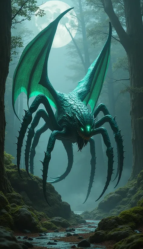 hybrid generation: "Create an ultra-realistic image of a hybrid creature that fuses a spider and a dragon. The creature should have the sleek, glistening scales of a dragon in iridescent emerald and deep sapphire hues, interspersed with intricate, web-like...