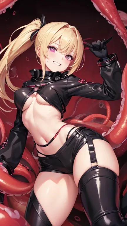  best quality,Super detailed,One adult beauty,Knee-high,Pink eyes,Blonde in a ponytail, shiny red black tentacles , pants visible through low-rise hotpants, shiny black and red bondage , malicious adult smile ,Seductive tummy , entangled red-black tentacle...