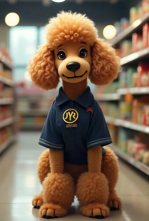  A poodle dog that is working in a work uniform that has a log in the shape of a circle that says J Y R in gold capital letter and below that says advance,in a large pet supermarket that has puppies in the back 