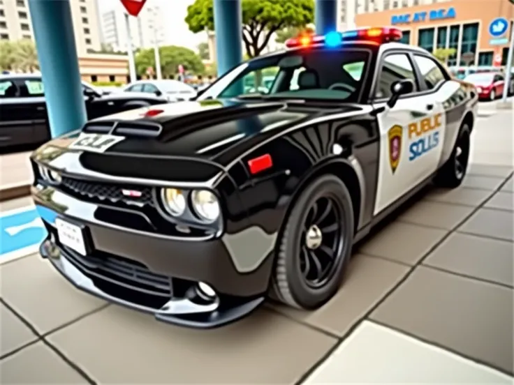 Dodge charger police patrol car, sign on side PUBLIC ORDER,  super fine photo ,,  Best quality , ultra high resolution,  Photorealistic, Sunlight, Automotive, amazingly beautiful, classic car, negro, highly detailed background, Detailed car, intricately de...