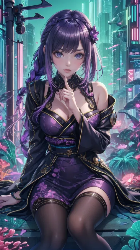  1 girl,  Short Bang ,  braided ,  wide sleeve , Hair accessories, japanese clothes, Says Obi, (Purple Hair:1.2),  very long hair,   straight hair,  staring at the viewer ,  detailed background, (  Realistic Pictures:1.2),  detail eyes sitting on a coral r...