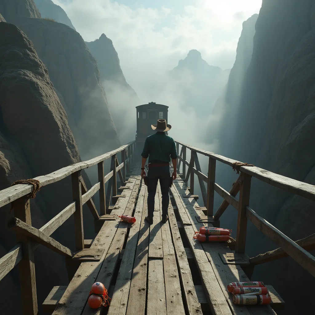 point-of-view perspective in a wild west setting, standing on a rickety wooden bridge spanning a deep, foggy canyon | an old, we...