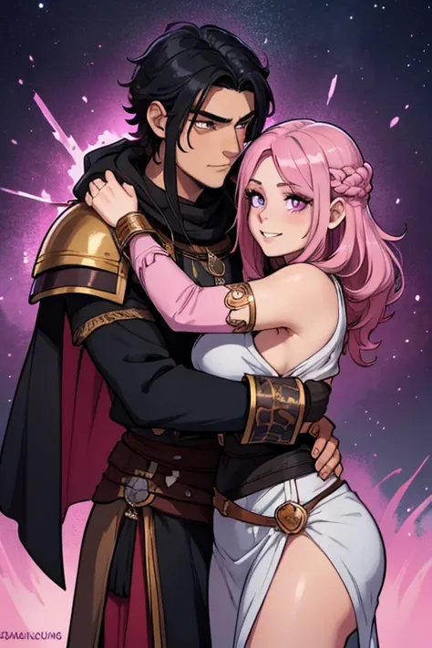 One man. One woman. Perfect face. Perfect hands. A black haired male Viking with brown eyes in a Viking armor is hugging  a pink haired female Viking with violet eyes with an hourglass figure in a Viking armor with a big smile in a Viking town 