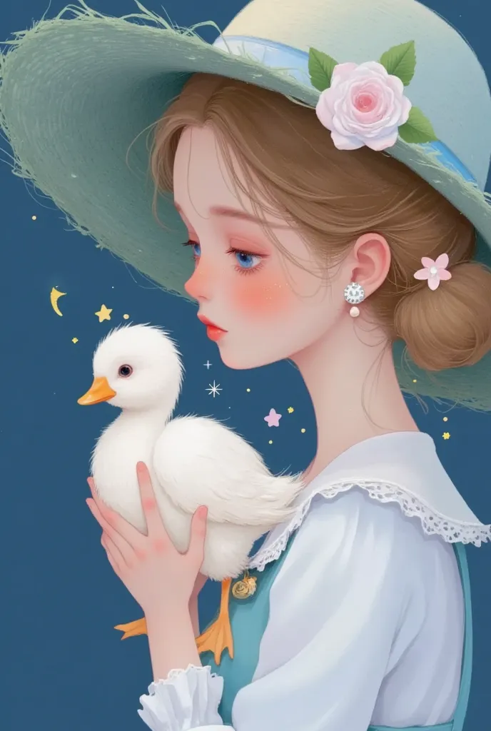 closeup of a girl in a hat holding a duck, star，moon， exquisite digital art, 可爱的数字艺术, lovely art style,  cute digital painting ,...