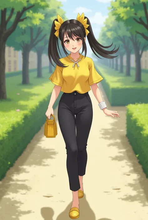 a  dressed fashionably. The  has a playful expression, styled hair with yellow bows, a yellow top, dark pants, and is holding a small yellow purse while walking on a pathway in an outdoor setting