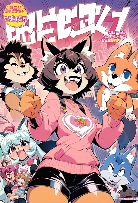 A doujinshi cover with a a Animation Cel Drawing of a Tokusaku Osamu Tezuka Inspired Anthropomorphic Fox Girl wearing a cute outfit of black shorts and pink sweater in the 1980s Cartoon and Furry Anime aesthetic, furry, kemono, with some elements of comedy...