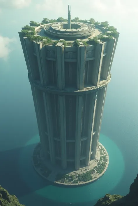 An island as big as a skyscraper and there the elevator rotates on its axis