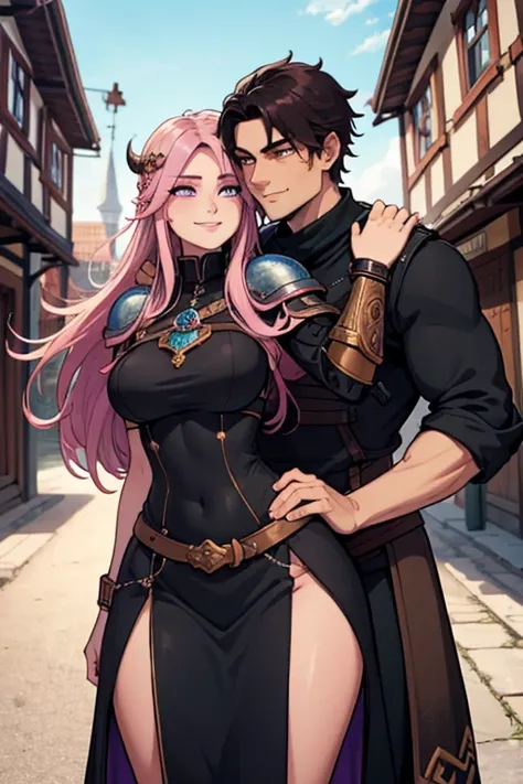 One man. One woman. Perfect face. Perfect hands. A black haired male Viking with brown eyes in a Viking armor is hugging a pink haired female Viking with violet eyes with an hourglass figure in a Viking armor with a big smile in a Viking town
