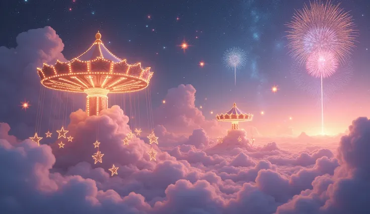 **Setting:** A celestial carnival above the clouds.  
**Visuals:**  
- Stars bounce and swing on giant, glowing cloud-jhoolas (swings).  
- Fireworks in pastel shades of pink, purple, and gold light up the sky in sync with the beat.  
- The clouds form a m...