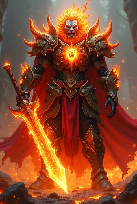 "An ultra-realistic depiction of a legendary warrior embodying the sin of Wrath, adorned in a fiery, fantastical armor blazing in shades of crimson and glowing orange. The armor is jagged and aggressive, with sharp, flame-like edges that flicker with an em...