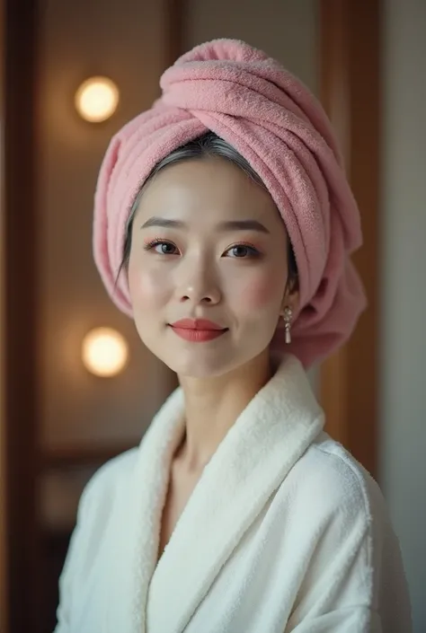 A sexy still very young looking 50 yearsold mature Chinese girl with a pink hair towel completely covering her head she is getting married wearing a bathrobe standing in a makeup room full bod y view High-k ey lighting Style, 1girl, sol o,gray hair, comple...