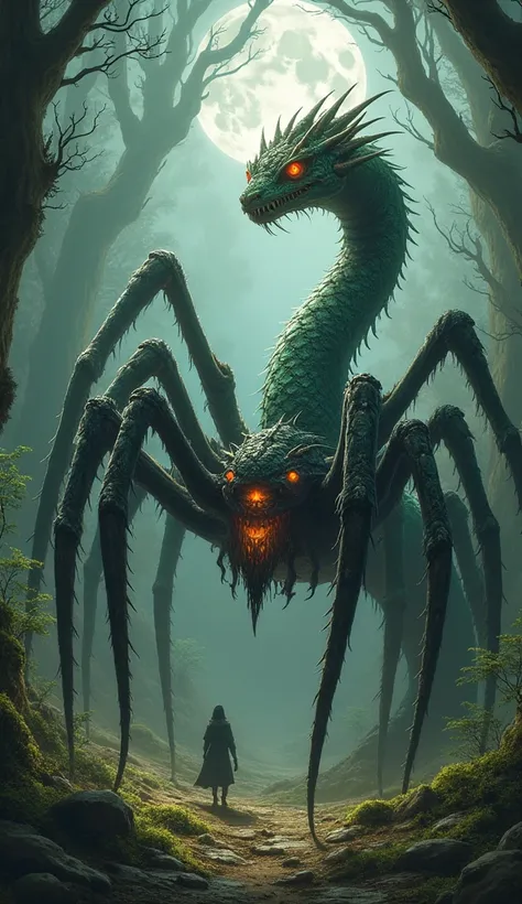 seperating hybrids:"Create an ultra-realistic masterpiece featuring two legendary creatures side by side: on the left, a giant spider with eight long, agile legs covered in shimmering, iridescent scales and dark fur, its body adorned with intricate pattern...