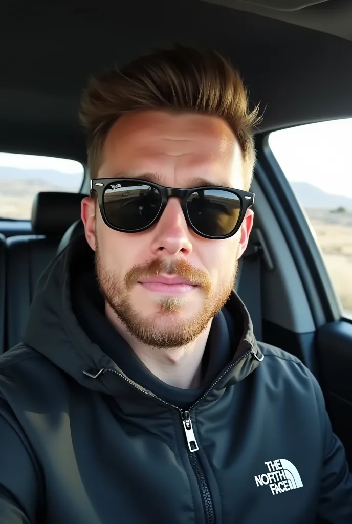 The image shows a young man in a selfie taken inside a car. He has short brown hair, combed up and styled slightly tousled. His face displays a short, well-groomed dark blonde beard. He is dressed in a black jacket that appears to be from the North Face brand. The photo is taken with good natural lighting coming in through the car window, and an out-of-focus landscape can be seen in the background.

The man's face displays strong, defined features: a strong jaw, full lips, and a straight, thin nose, proportionate, Caucasian skin wearing Ray-Ban sunglasses. His expression is serious but relaxed, with a slight, subtle smile. The face has an oval shape and his eyebrows are the same shade as his beard. He wears a short, well-trimmed beard that frames his face. The photo is taken from an angle that highlights his facial features well, with good natural lighting that allows details to be appreciated. It should be a hyper-realistic photo taken with an iPhone 16. A realistic photo where you can see a little of the texture and pores of your skin, and the texture of your hair. Without expression lines on the forehead.