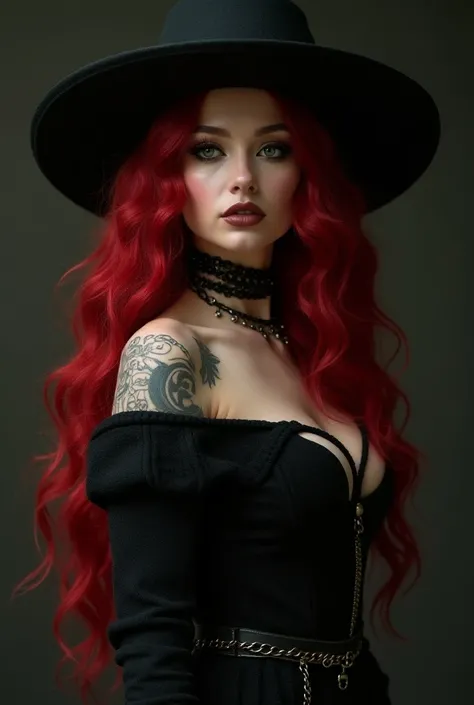 A witch,  Beautiful punk artistic gothic ,  full body view ,  a witch queen ,  full body pose majestic and sexy , Resting,  incredibly long hair falling down to the waist ,  voluminous and wavy natural red hair with incredible detail and texture , a( knitt...