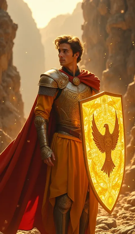 "Eric, a young 18-year-old knight, wears elegant period clothing in shades of golden yellow, with intricate details that reflect his bravery. He carries a sturdy shield decorated with an embossed emblem of an eagles head, which glows with a slight golden h...