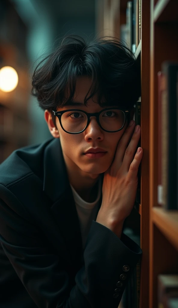 best quality, masterpiece, extremely detailed, 25 year old nerdy man, wearing glasses, innocent face, leaning against bookshelf, in library, afterhours, at night, very dim lighting, dark cinematic shadows,  dreamy atmosphere, perfect face, perfect hands, p...