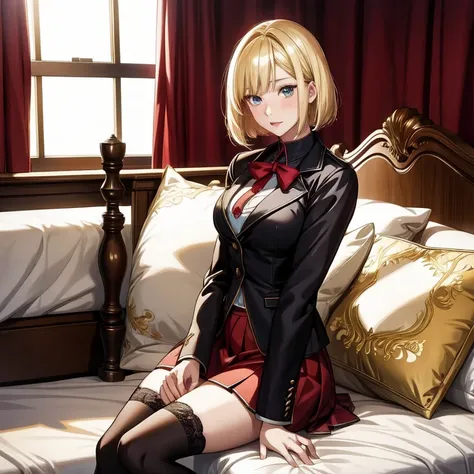 ((blonde)),(( Very Short Bob)),(( an arafed woman in a red skirt and black jacket sitting on the bed)), a hyperrealistic anime schoolgirl ,  seductive anime girl , hyperrealistic anime schoolgirl , realistic anime schoolgirl ,  charming anime girl ,  beaut...