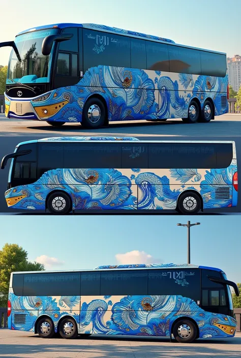 create a vip ac toursit bus in blue and white color texture peacock design pictures drawn in its outer body all angle side view