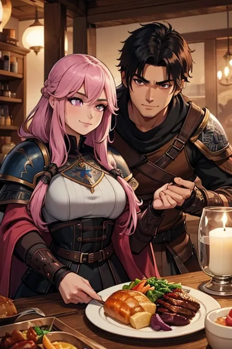 One man. One woman. Perfect face. Perfect hands. A black haired male Viking with brown eyes in a Viking armor is eating dinner with a pink haired female Viking with violet eyes with an hourglass figure in a Viking armor with a big smile in a Viking town 