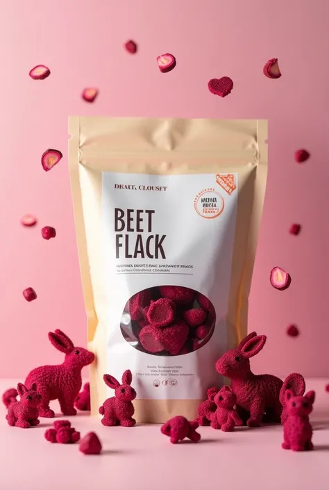 Create an image of a beet-based flake snack shaped like animals- with a quick-close bag 