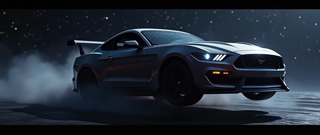 Auto Mustang jumping in space in dark sky animation