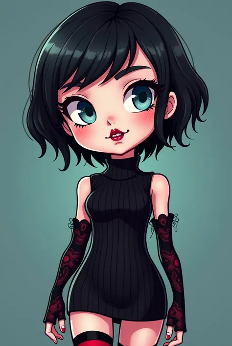 Cartoon. Mavis is a beautiful young vampire woman with a slim-yet-curvy figure, small fangs, pale-fair skin, light blue eyes framed by long eyelashes and short black hair with V-shaped bangs. She also wore black lipstick, black nail polish and black eyesha...