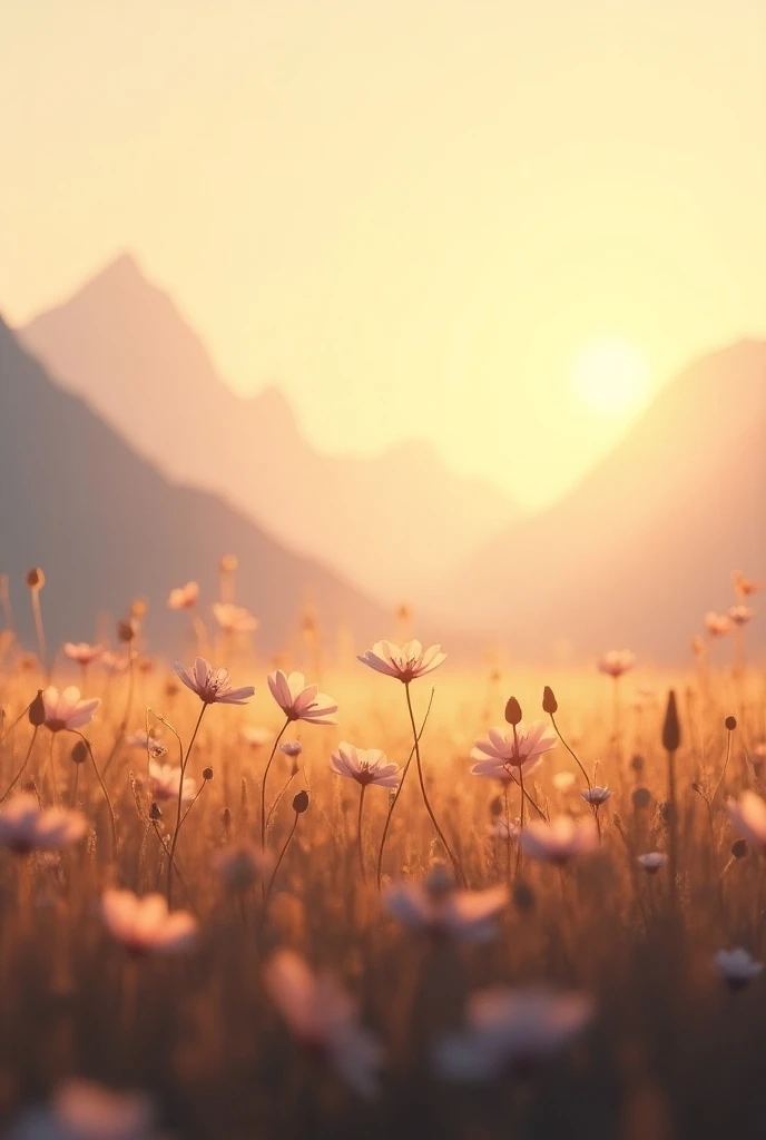 (photorealism:1.2) . A minimalist scene with a dawn landscape: the sun rising gently behind mountains, bathing everything in golden tones. A field of flowers gently swaying in the wind in the foreground.