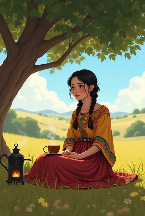 a young countrywoman ,  wearing traditional Argentinian clothing ,  hair in two braids ,  sitting under a tree in the open field ;  next to her there is a brazier and offers a mate that she has in her hands.