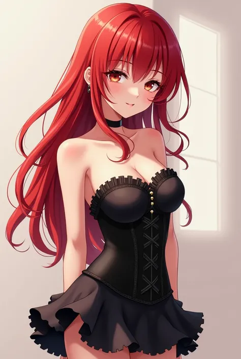 Anime girl with red hair wearing a corset and black skirt 