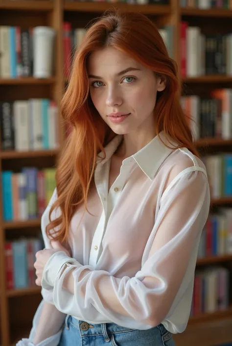 woman 19 years old,  red hair,  transparent white shirt,  full body , bookstore,  blurred background,  clear eyes, (((Best quality in the shirt)))