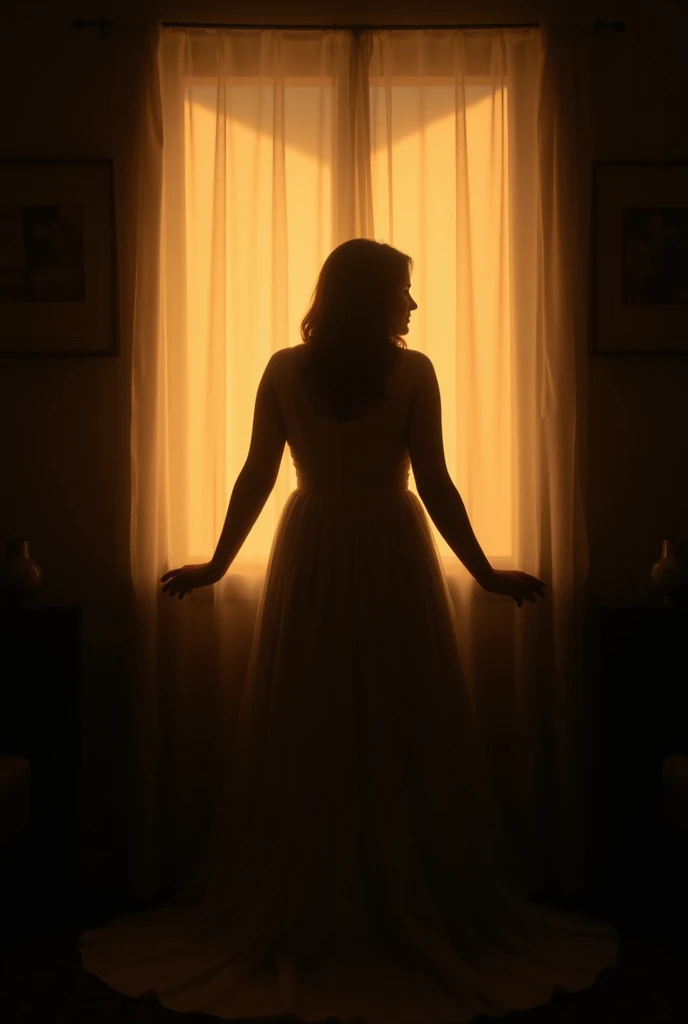 The bride is in a dark room in front of the window with her back looking out the window with a silhouette of her back sunny