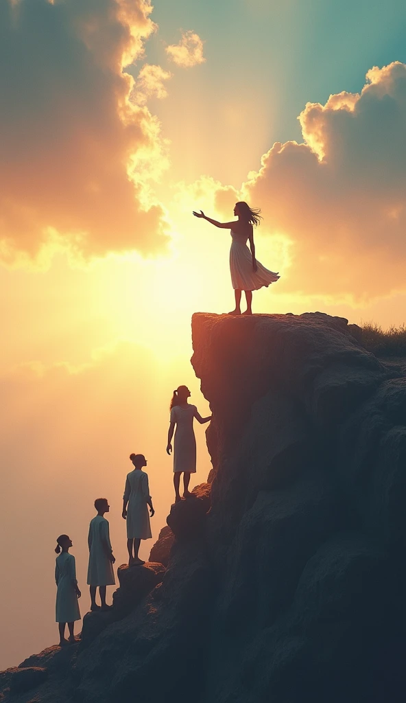 A person on a platform, surrounded by other figures looking at them with wonder and hope. The person on the platform begins to share a word of encouragement, while the others begin to climb together, as if following their example. This symbolizes the power...