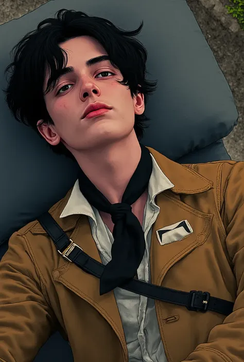 A highly detailed and cinematic illustration of a young man with messy, jet-black hair, slightly tousled as if ruffled by the wind or recent action. His pale, smooth skin is accented by faint bruises and scratches on his cheek and jaw, adding subtle depth ...