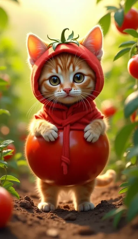 A baby cat drawn at a size of 25 %の大きさで描かれたRealisticな赤ちゃん猫, Baby cat wearing a tomato costume,  a baby cat wearing a costume from head to foot ,  cute baby cat standing on 2 back legs,  baby cat without nails , Cat without a beard , Realisticで写実的な赤ちゃん猫,  a...