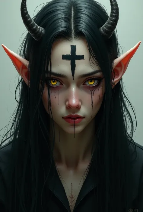 An elf man with an inverted cross in his forehead cries his head tears 
Long hair, simple background, horns,  looks at the viewer , Pointed ears, tears,  Black hair,  very long hair , yellow eyes, 